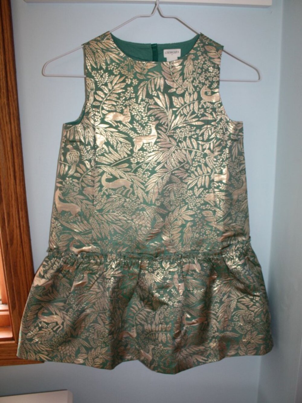 Crewcuts by J. Crew Size 7 Sleeveless Jacquard Dress Green Gold Botanical Deer